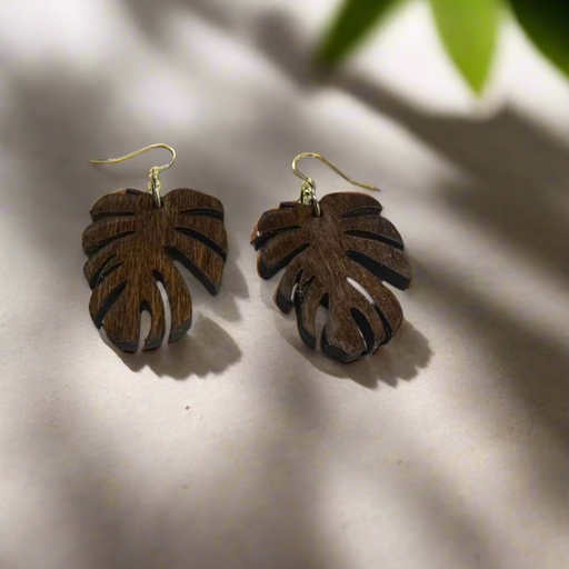 Wooden Monstera Earrings-Earrings-Leilanis Attic